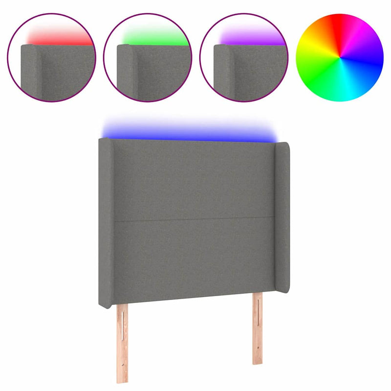 Tăblie de pat cu LED, gri închis, 103x16x118/128 cm, textil