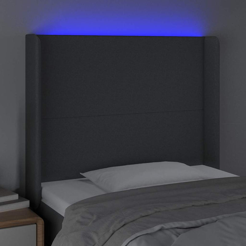Tăblie de pat cu LED, gri închis, 103x16x118/128 cm, textil