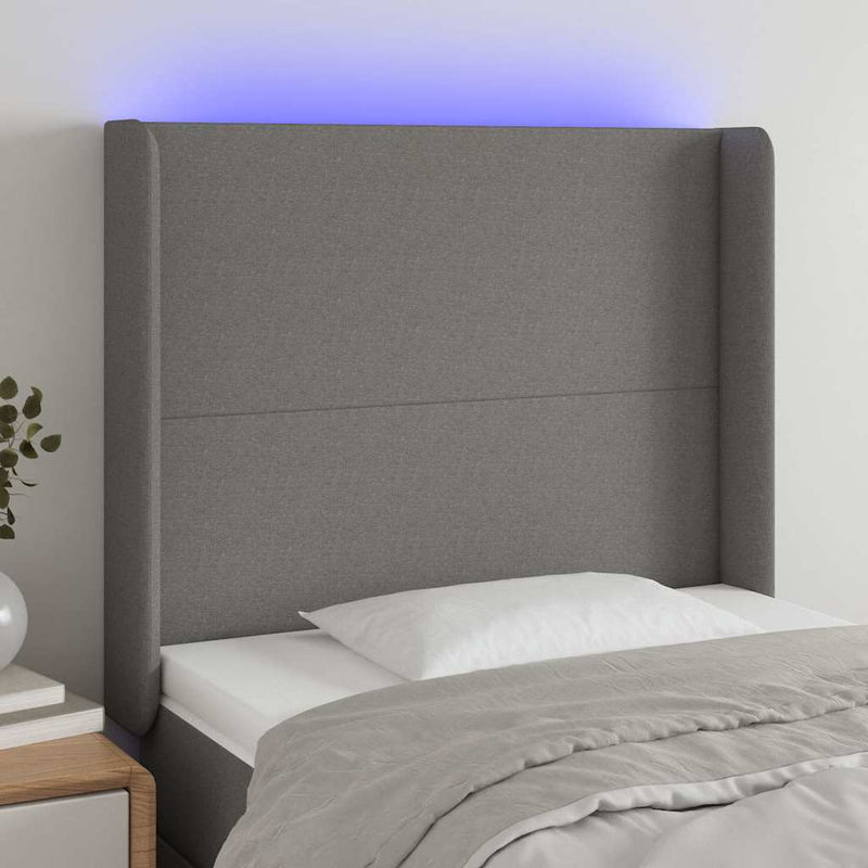 Tăblie de pat cu LED, gri închis, 103x16x118/128 cm, textil