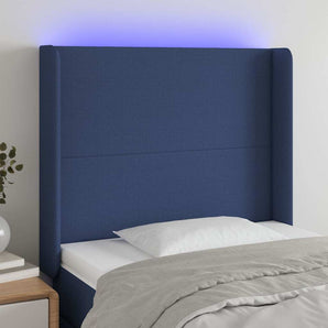 Tăblie de pat cu LED, albastru, 103x16x118/128 cm, textil