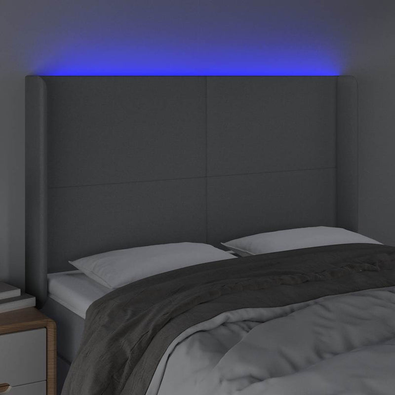 Tăblie de pat cu LED, gri deschis, 147x16x118/128 cm, textil