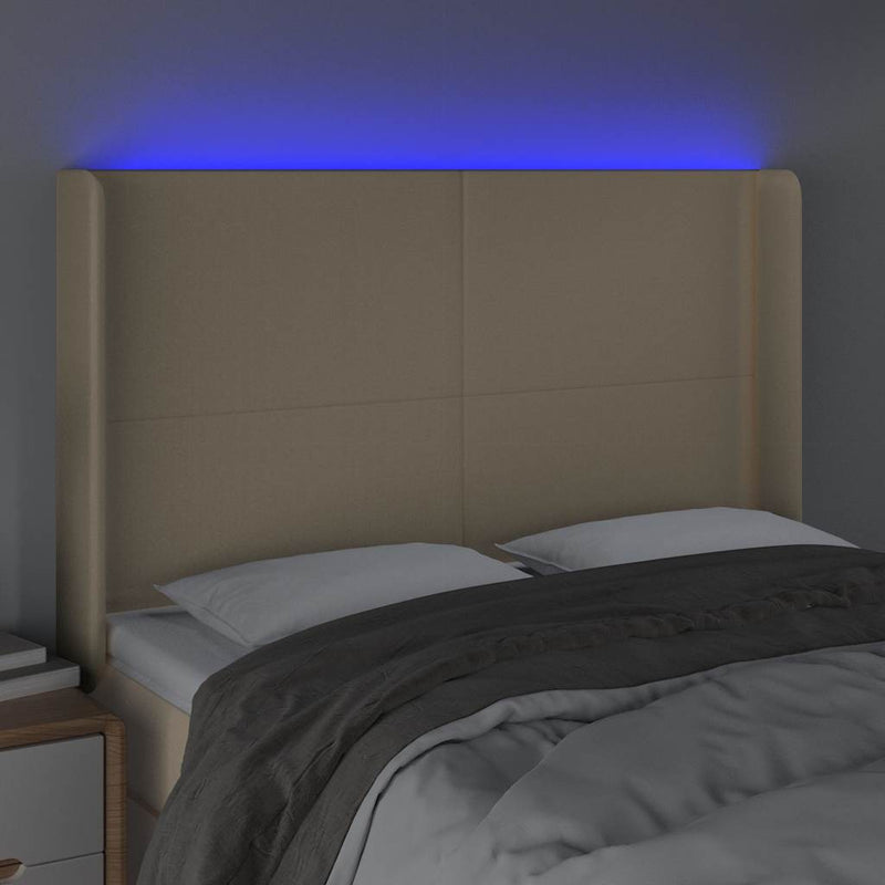 Tăblie de pat cu LED, crem, 147x16x118/128 cm, textil
