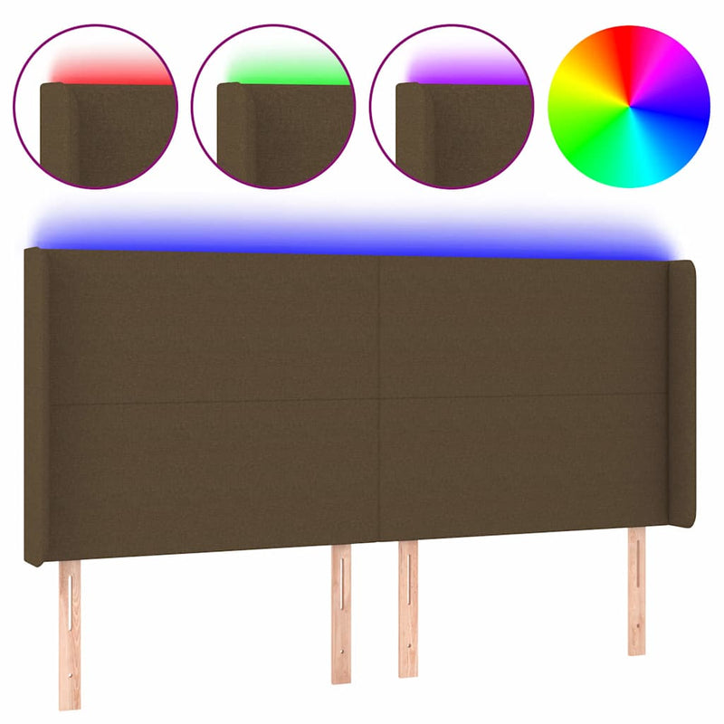 Tăblie de pat cu LED, maro închis, 163x16x118/128 cm, textil