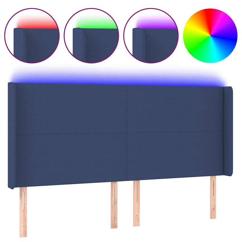Tăblie de pat cu LED, albastru, 203x16x118/128 cm, textil