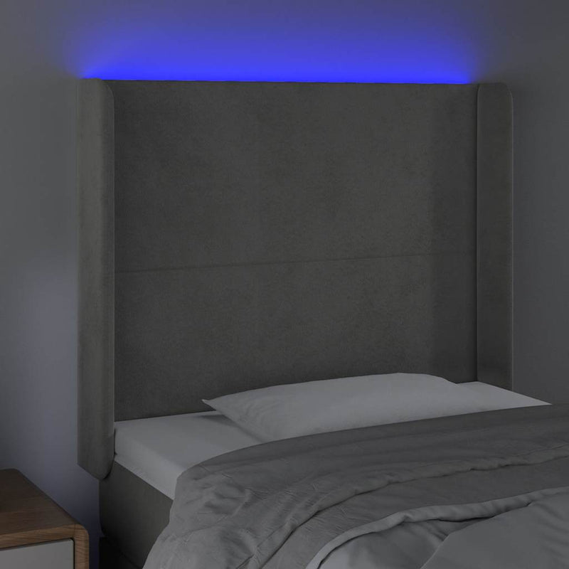 Tăblie de pat cu LED, gri deschis, 93x16x118/128 cm, catifea