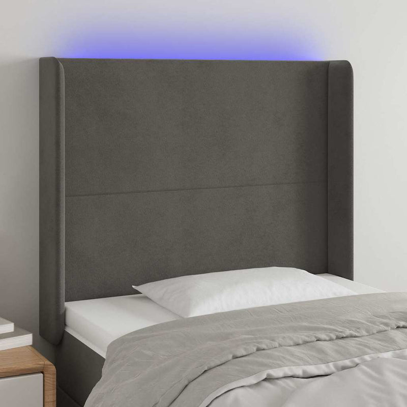 Tăblie de pat cu LED, gri închis, 93x16x118/128 cm, catifea