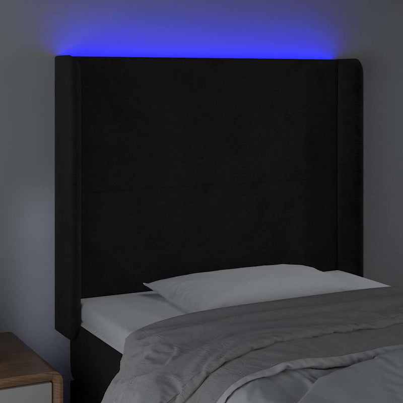 Tăblie de pat cu LED, negru, 93x16x118/128 cm, catifea