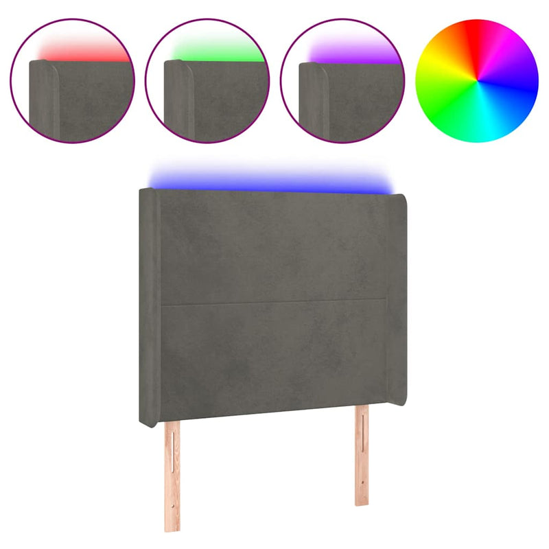 Tăblie de pat cu LED, gri închis, 103x16x118/128 cm, catifea
