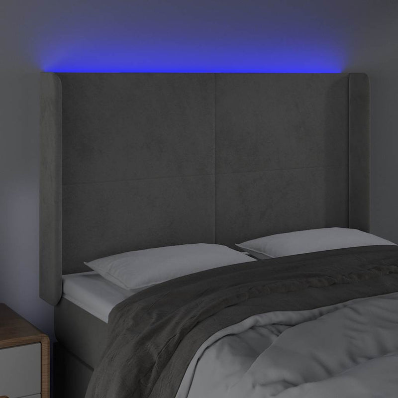 Tăblie de pat cu LED, gri deschis, 147x16x118/128 cm, catifea