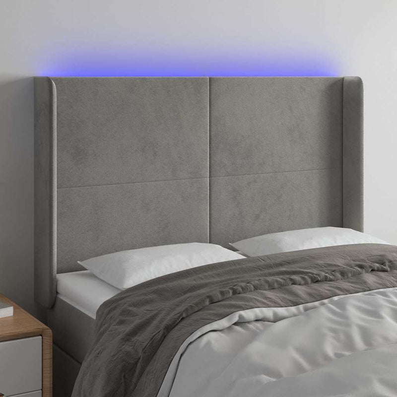 Tăblie de pat cu LED, gri deschis, 147x16x118/128 cm, catifea