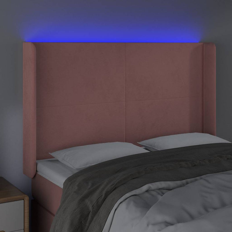 Tăblie de pat cu LED, roz, 147x16x118/128 cm, catifea