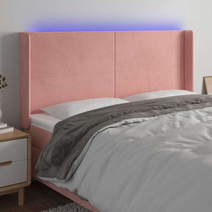 Tăblie de pat cu LED, roz, 163x16x118/128 cm, catifea