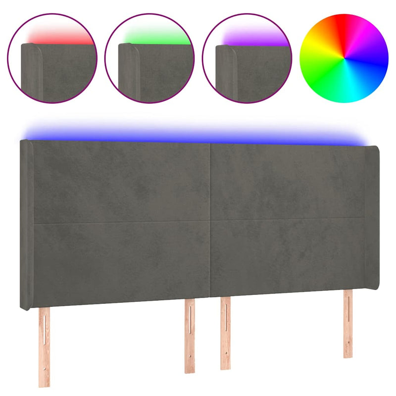Tăblie de pat cu LED, gri închis, 203x16x118/128 cm, catifea