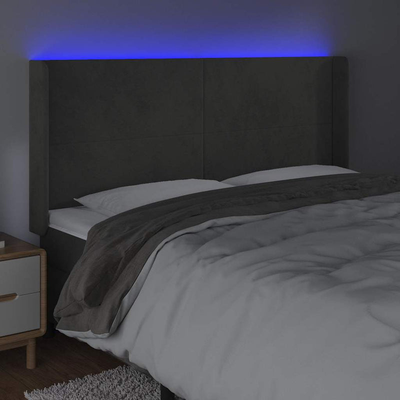 Tăblie de pat cu LED, gri închis, 203x16x118/128 cm, catifea
