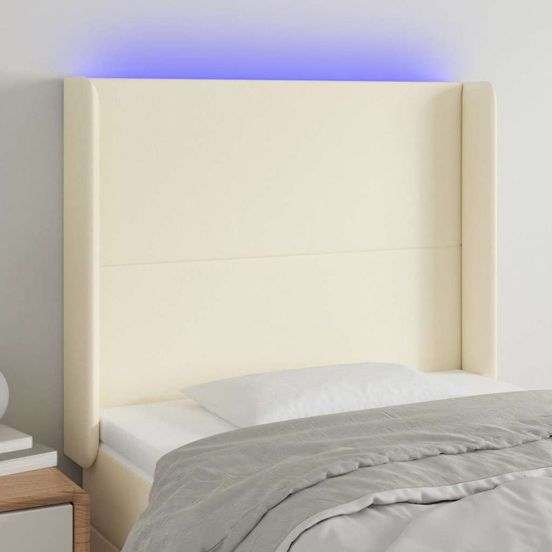 Tăblie de pat cu LED, crem, 93x16x118/128 cm, piele ecologică