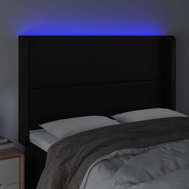 Tăblie de pat cu LED, negru, 147x16x118/128 cm, piele ecologică