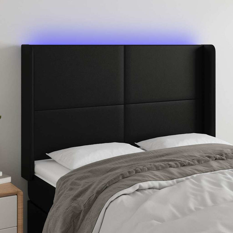 Tăblie de pat cu LED, negru, 147x16x118/128 cm, piele ecologică