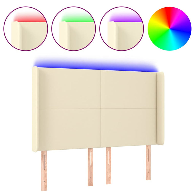Tăblie de pat cu LED, crem, 147x16x118/128 cm, piele ecologică