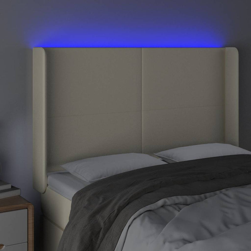 Tăblie de pat cu LED, crem, 147x16x118/128 cm, piele ecologică