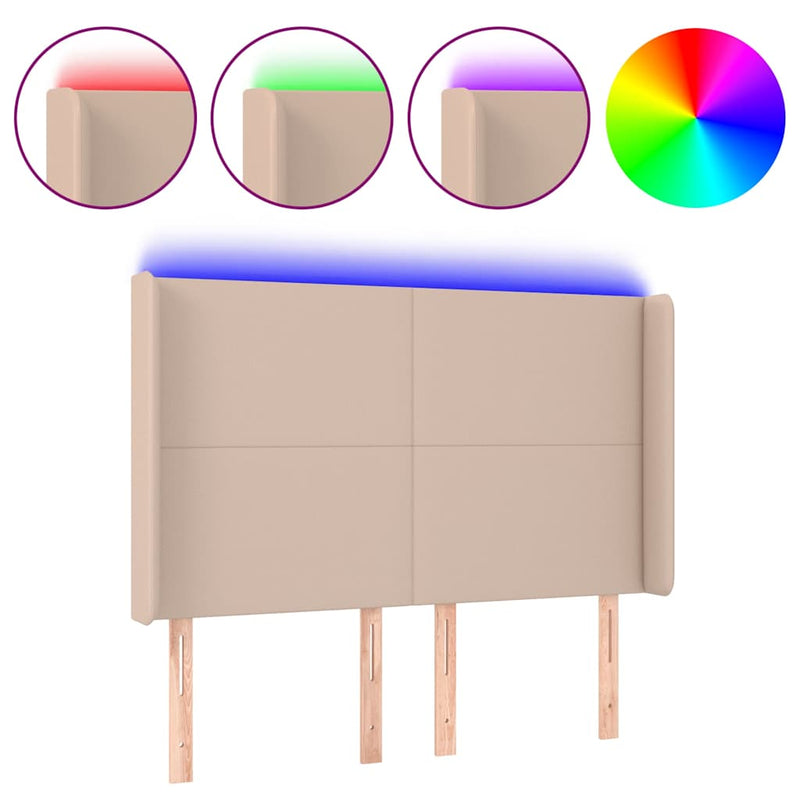 Tăblie de pat cu LED, cappuccino, 147x16x118/128 cm, piele eco