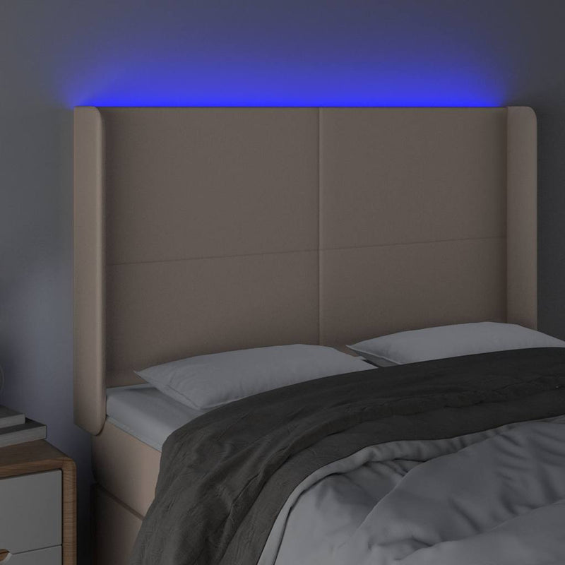Tăblie de pat cu LED, cappuccino, 147x16x118/128 cm, piele eco