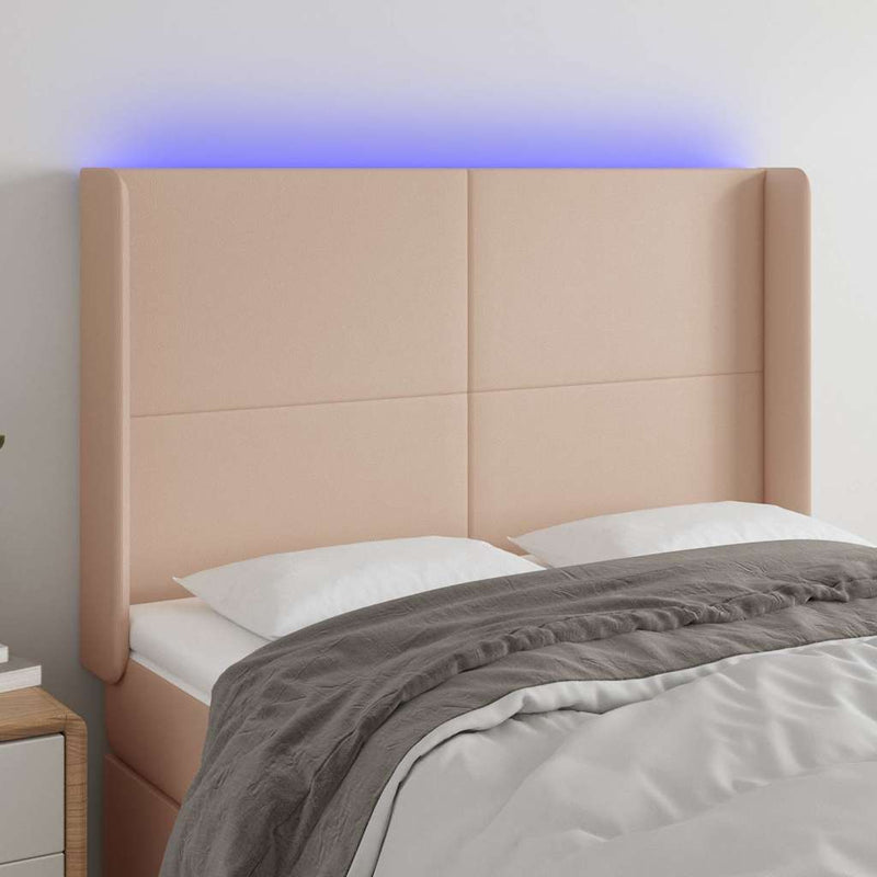 Tăblie de pat cu LED, cappuccino, 147x16x118/128 cm, piele eco