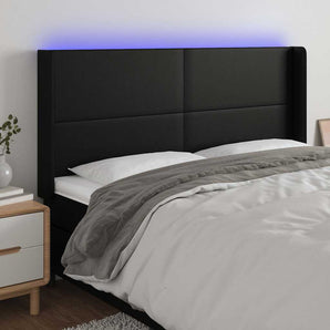 Tăblie de pat cu LED, negru, 183x16x118/128 cm, piele ecologică