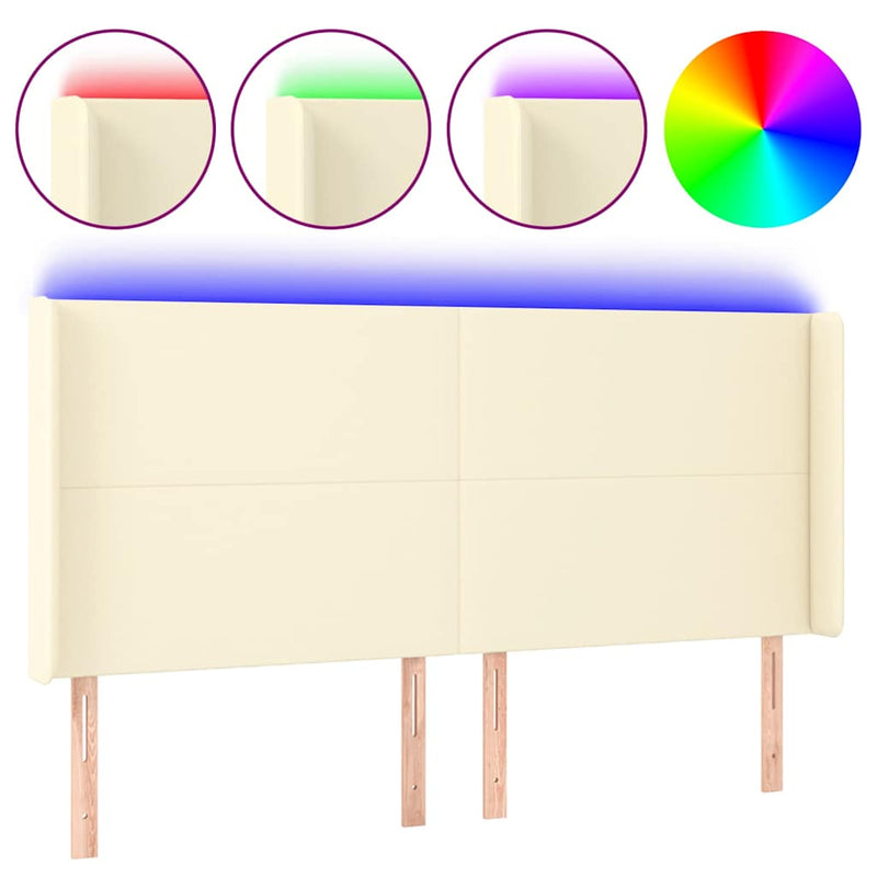 Tăblie de pat cu LED, crem, 183x16x118/128 cm, piele ecologică