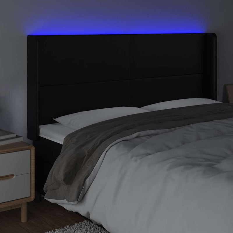 Tăblie de pat cu LED, negru, 203x16x118/128 cm, piele ecologică