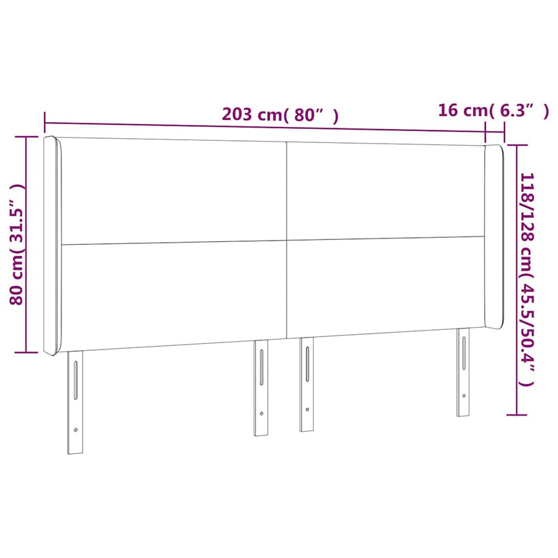 Tăblie de pat cu LED, alb, 203x16x118/128 cm, piele ecologică