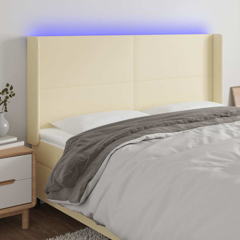 Tăblie de pat cu LED, crem, 203x16x118/128 cm, piele ecologică