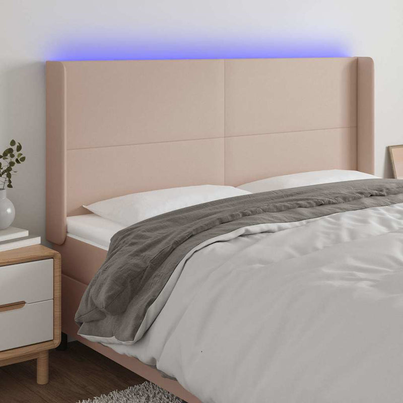 Tăblie de pat cu LED, cappuccino, 203x16x118/128 cm, piele eco