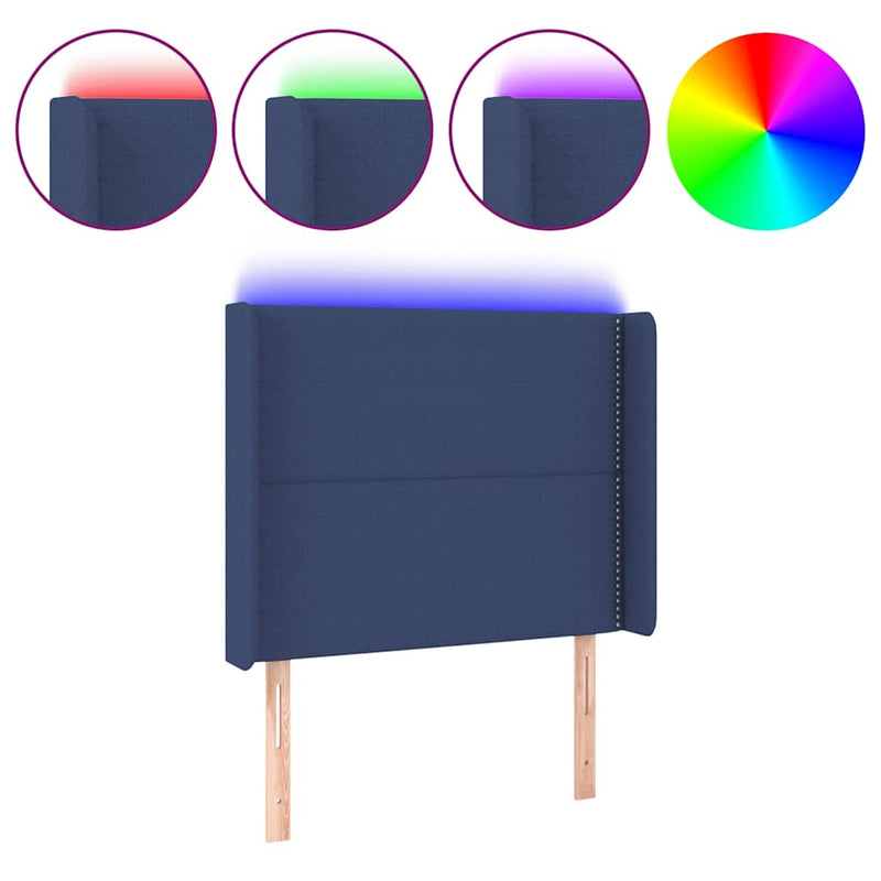 Tăblie de pat cu LED, albastru, 93x16x118/128 cm, textil