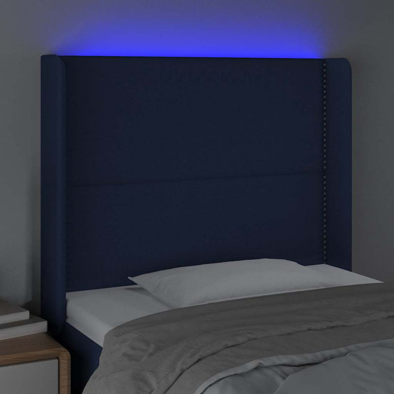 Tăblie de pat cu LED, albastru, 103x16x118/128 cm, textil