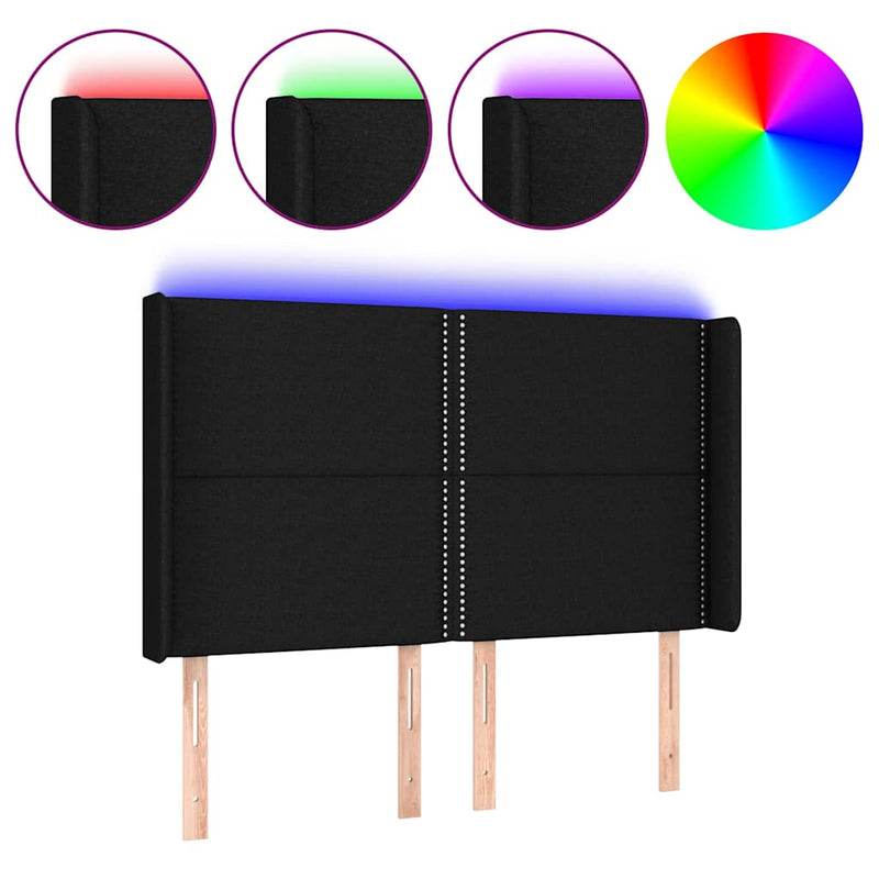 Tăblie de pat cu LED, negru, 147x16x118/128 cm, textil