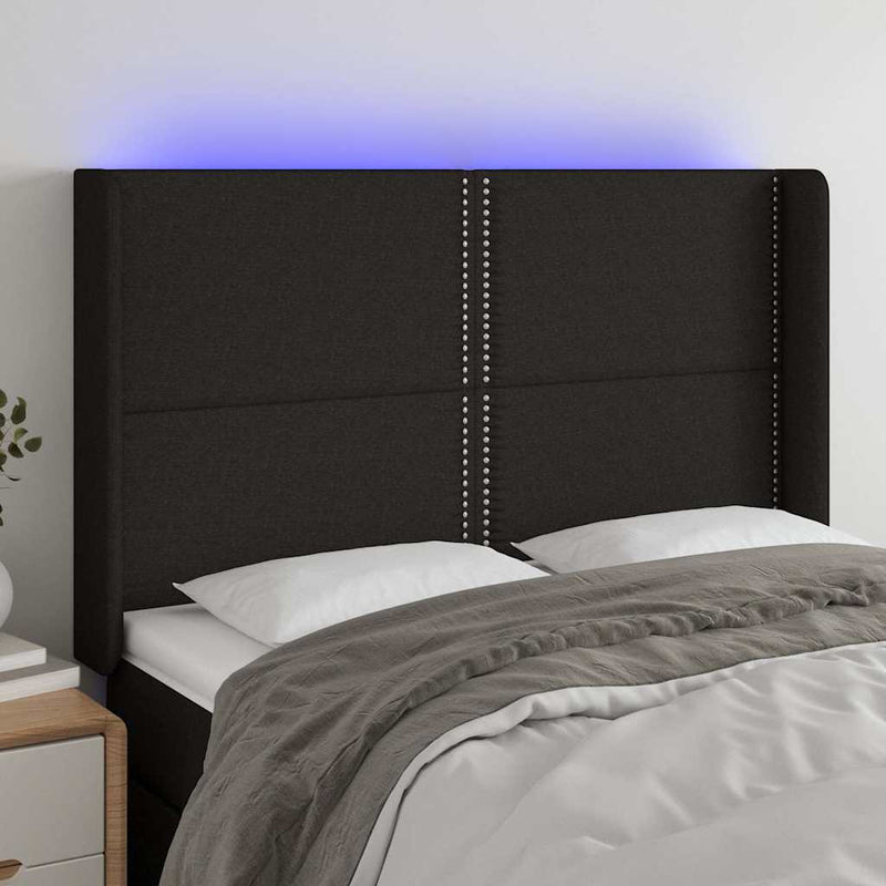 Tăblie de pat cu LED, negru, 147x16x118/128 cm, textil