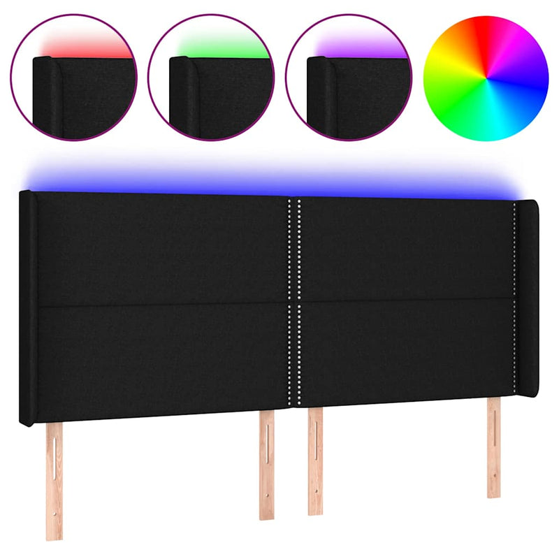 Tăblie de pat cu LED, negru, 183x16x118/128 cm, textil