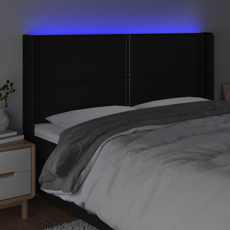 Tăblie de pat cu LED, negru, 203x16x118/128 cm, textil
