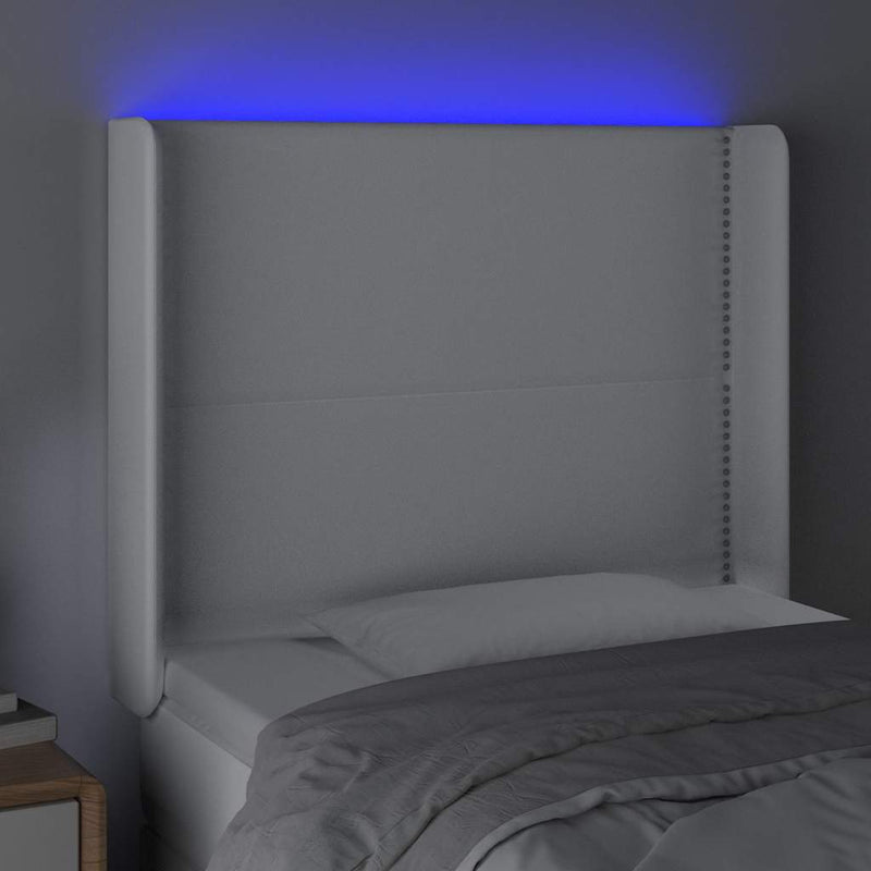 Tăblie de pat cu LED, alb, 103x16x118/128 cm, piele ecologică