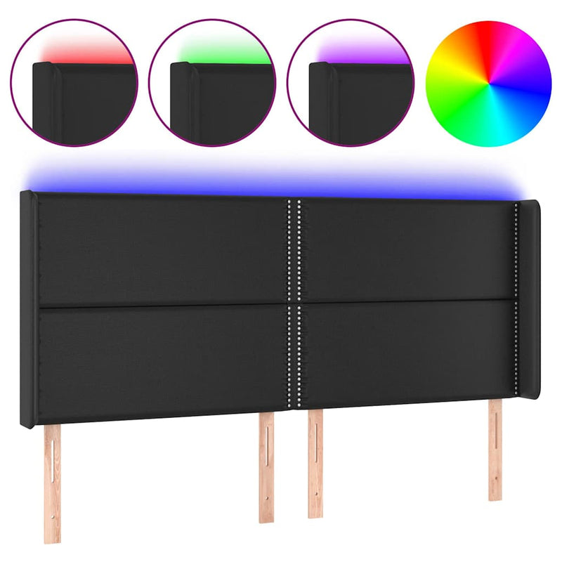 Tăblie de pat cu LED, negru, 203x16x118/128 cm, piele ecologică