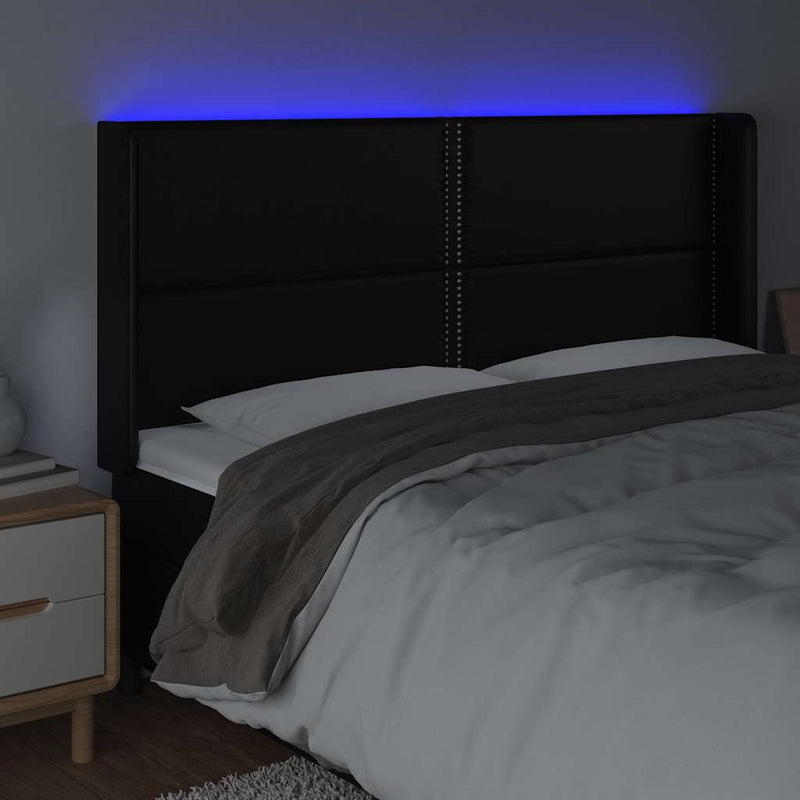 Tăblie de pat cu LED, negru, 203x16x118/128 cm, piele ecologică