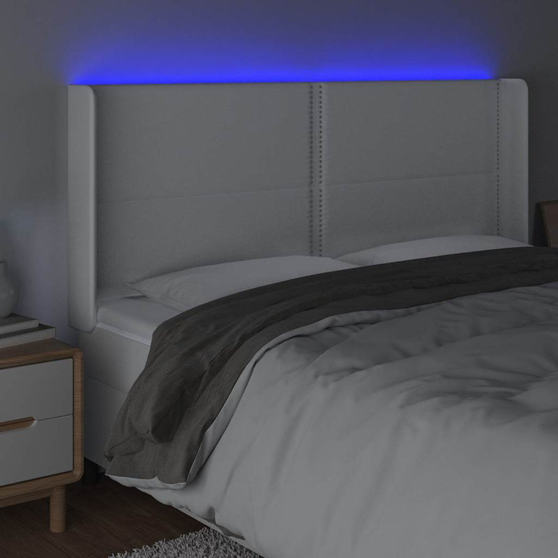 Tăblie de pat cu LED, alb, 203x16x118/128 cm, piele ecologică