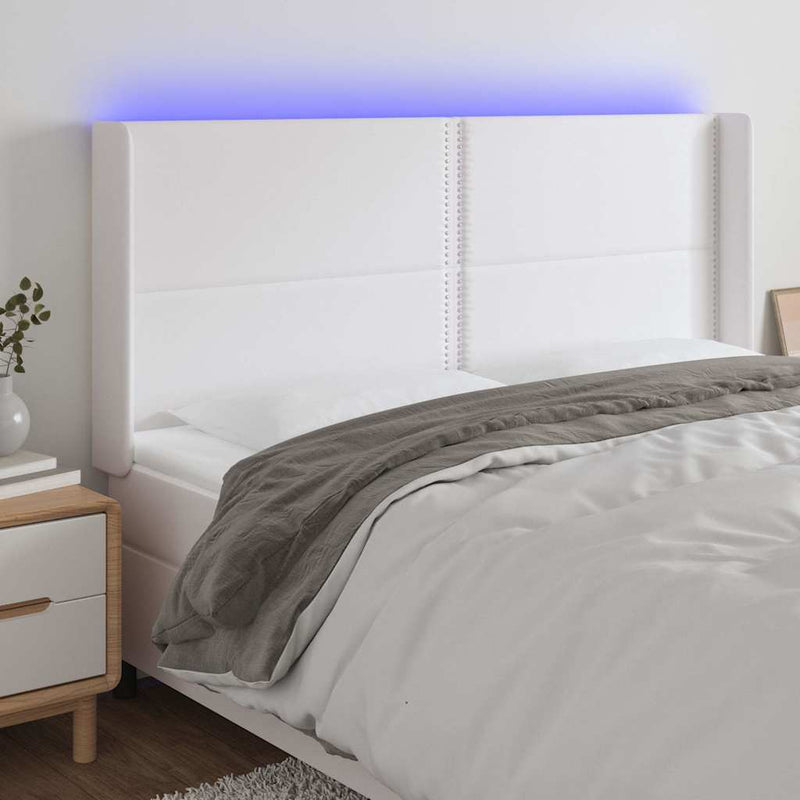Tăblie de pat cu LED, alb, 203x16x118/128 cm, piele ecologică
