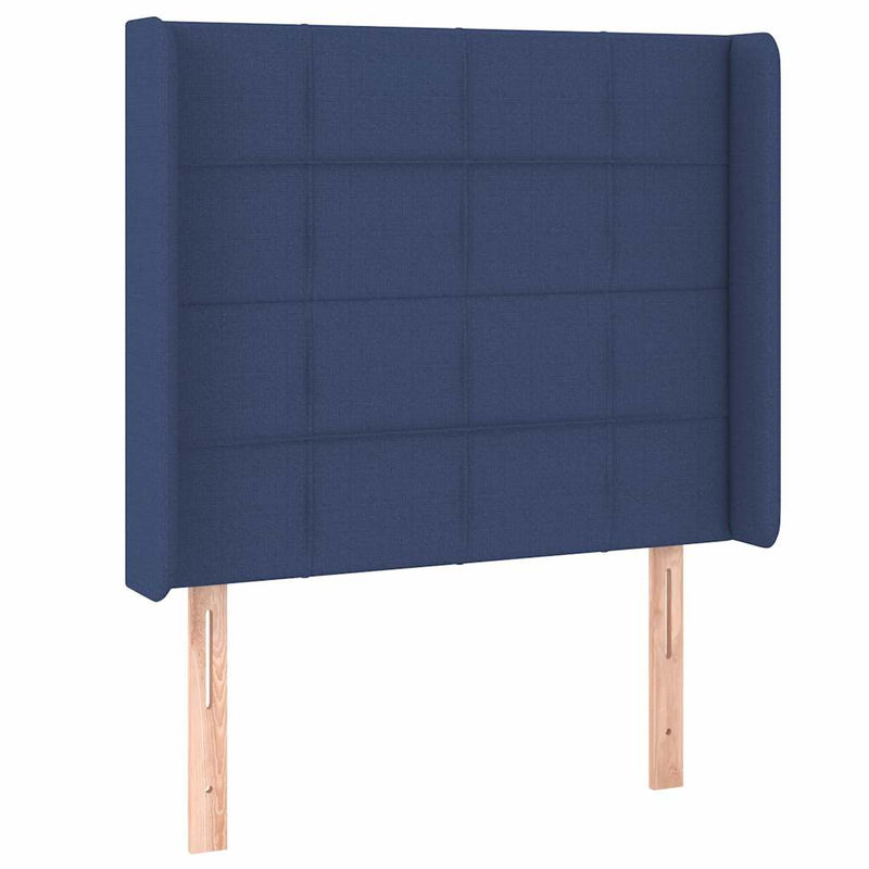 Tăblie de pat cu LED, albastru, 83x16x118/128 cm, textil