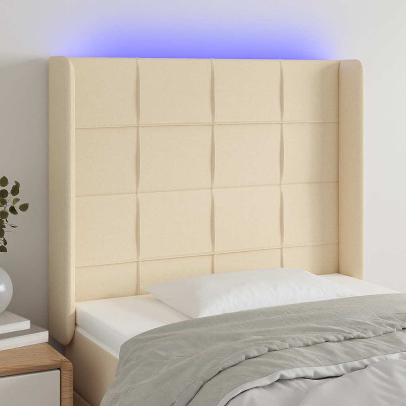 Tăblie de pat cu LED, crem, 93x16x118/128 cm, textil