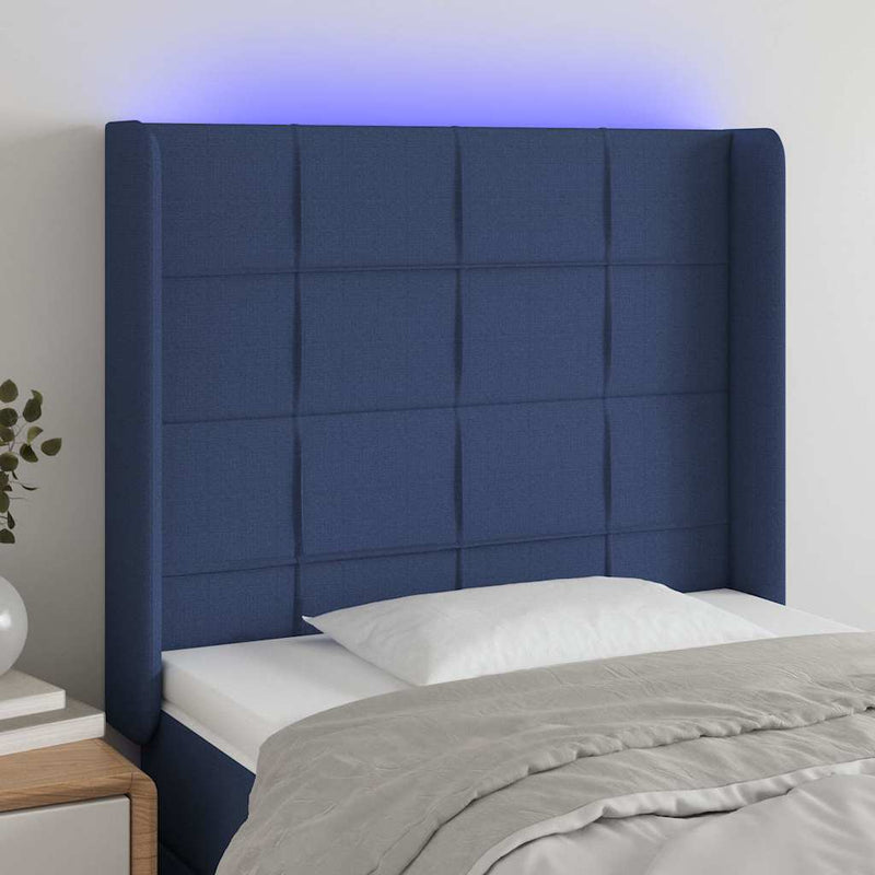 Tăblie de pat cu LED, albastru, 93x16x118/128 cm, textil