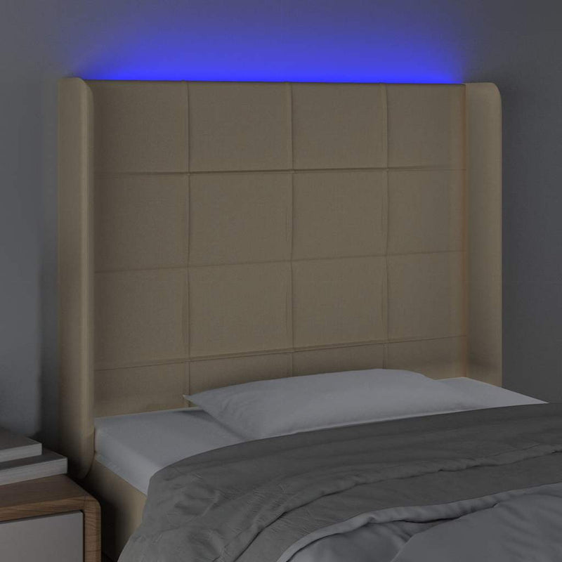 Tăblie de pat cu LED, crem, 103x16x118/128 cm, textil