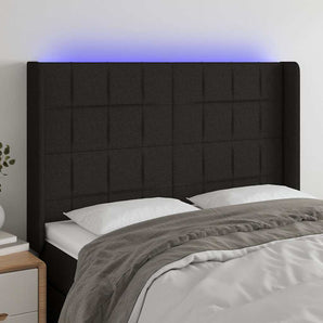 Tăblie de pat cu LED, negru, 147x16x118/128 cm, textil