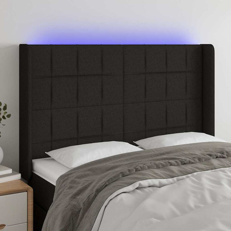 Tăblie de pat cu LED, negru, 147x16x118/128 cm, textil