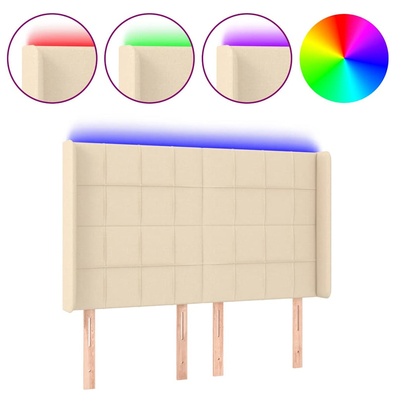 Tăblie de pat cu LED, crem, 147x16x118/128 cm, textil